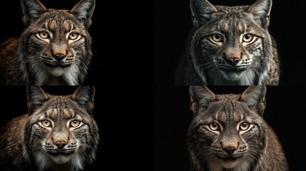 Four Lynx Portraits Front-Facing, Close-Up, Intense Stares with Variations on Black Backdrop