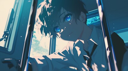 Looking through the train window Anime style man