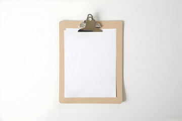 Clipboard with Blank Paper on White Surface for Notes or Mockups