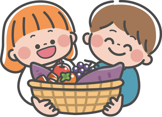 秋の味覚がいっぱい入ったかごを持つ子どもたち