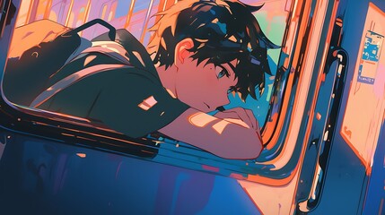 A handsome young man looking through the train window - Anime style