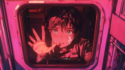 A handsome young man looking through the train window - Anime style
