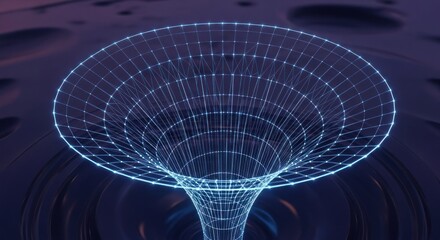 Funnel grid tunnel abstract, with blue neon lines over reflective ripples