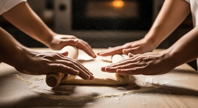 Collaborative baking: four hands rolling dough with expertise creating culinary delight