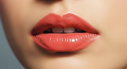 Fototapeta premium Glossy lips with peach lipstick, showcasing upper teeth, against a soft backdrop