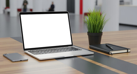 Silver Laptop on a Wooden Desk with White Screen Surrounded by Office Essentials and a Plant in a Modern Office Setting