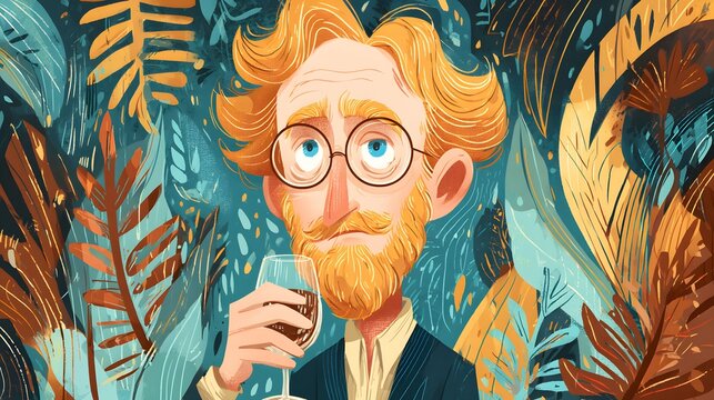 Illustration of a man with glasses and a drink.