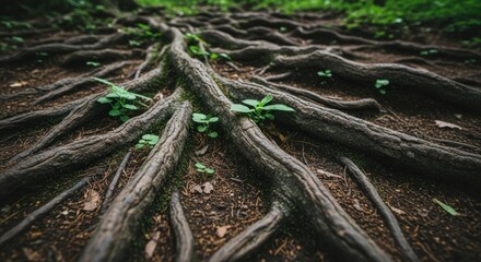 Intertwined roots sprawl across the forest floor, punctuated by small sprouts