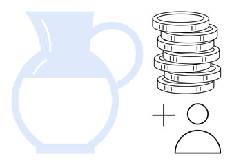 Water jug with half-liquid content, stack of gold coins, and minimalist person outline. Ideal for saving, charity, donation, resources, sustainability investments finance. Simple flat metaphor