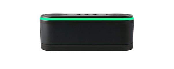 Rectangular dark gray portable audio device with illuminated green border