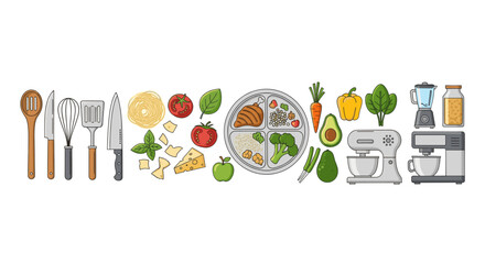 Healthy food preparation with kitchen tools and ingredients for cooking and baking illustration