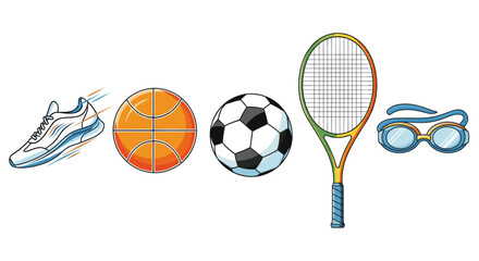 Sports equipment vector illustration featuring basketball soccer tennis swimming and running gear items