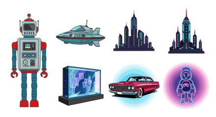 Retro futuristic illustrations of robot spaceship cityscape car and neon character design art