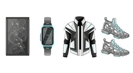 Futuristic fashion accessories and apparel techwear jacket shoes smartwatch for digital lifestyle style