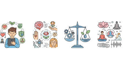 Wellness balance concept illustration of health mind nature technology and personal growth icons design