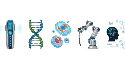 Science and technology illustration featuring dna cells robotics and artificial intelligence concepts design