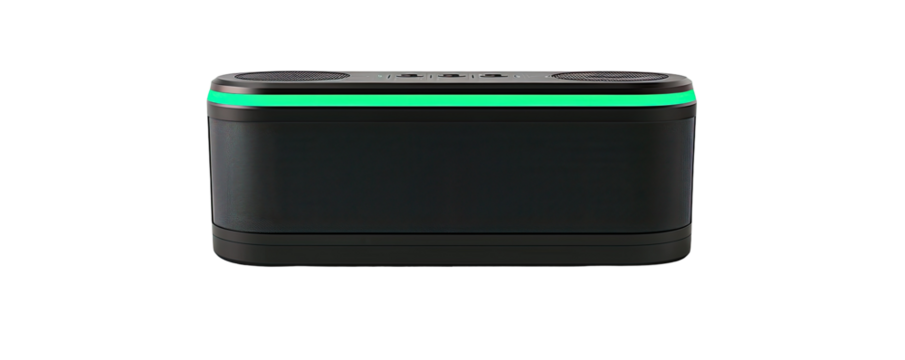 Rectangular dark gray portable audio device with illuminated green border