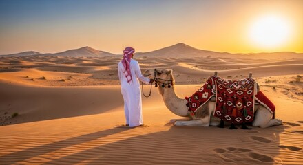 Man in traditional clothes with camel in sandy desert under sunset sky