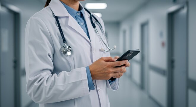 Doctor's Digital Insight: A medical professional, in a crisp lab coat, engaged in digital communication, smartphone held, navigating through a hospital hallway.