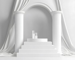 Elegant White Product Display Platform with Greek Columns and Draped Fabric