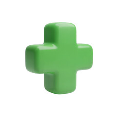 Obraz premium Green plus sign 3D glossy icon. Medical health care symbol for first aid, pharmacy, or hospital. Isolated on a transparent background.