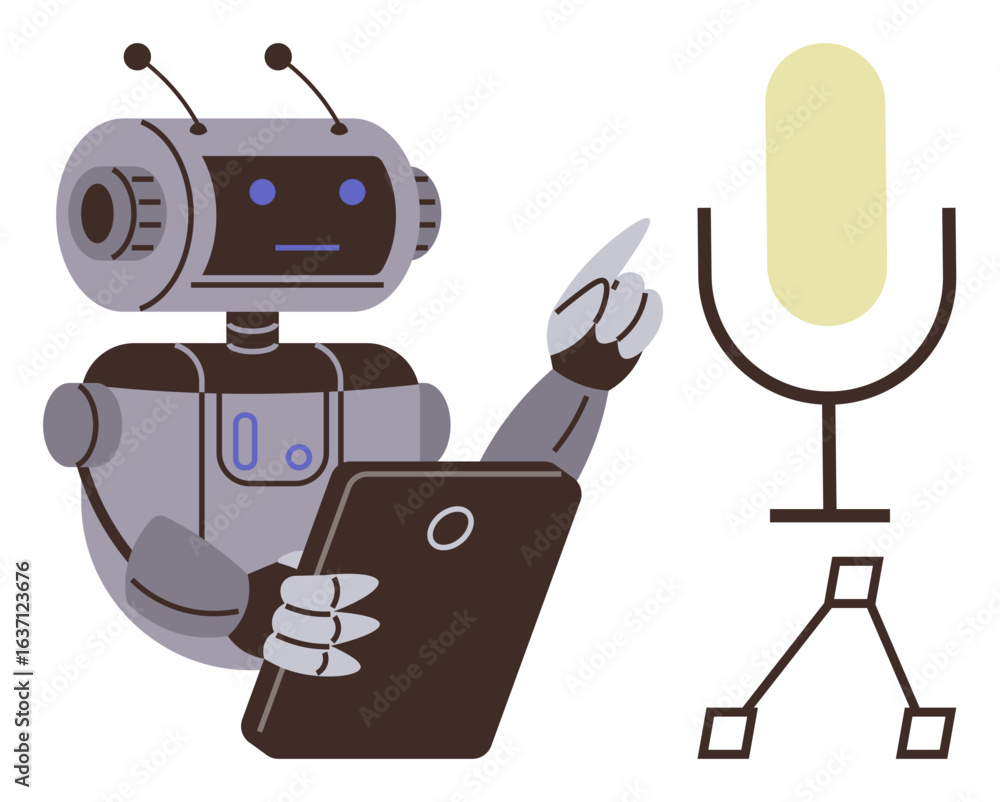 Poster robot holding tablet and pointing at a large microphone, suggesting ai, voice recognition, and autom