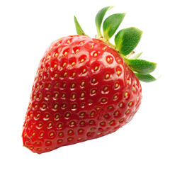 Close-up of a single, ripe strawberry.  Bright red, smooth skin with small, visible seeds.  Fresh green leaves at the top.  Isolated on black background