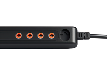 Close-up of a black power strip with three outlets and a cord