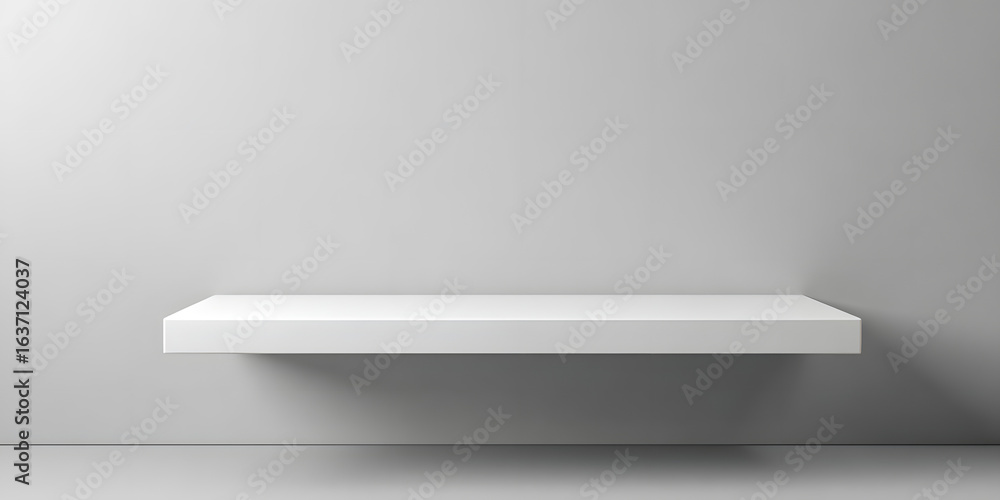 Poster minimalist white tabletop floating against a soft grey background featuring clean lines and ample ne