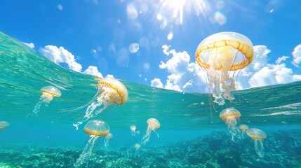 Palau, Eil Malk island, Man swimming with jellyfish in Jellyfish Lake