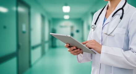 Healthcare professional and technology: A healthcare professional, donned in a white coat and stethoscope, diligently utilizes a digital tablet within a hospital hallway.