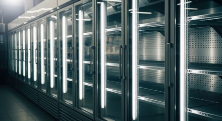 Row of empty commercial refrigerators with bright lights and glass doors