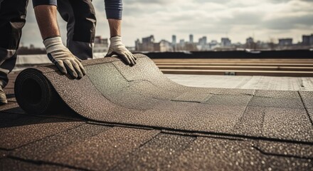 Roofer installing rolled roofing material on flat roof; city background