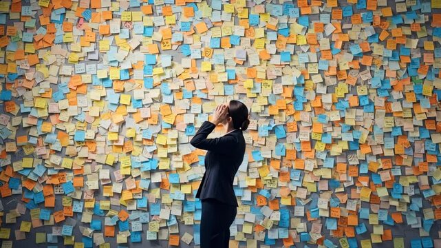 Professional Woman Looking at a Wall Covered in Colorful Sticky Notes