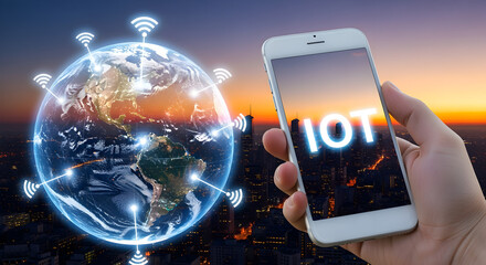 Smartphone Displaying Iot and Digital Globe with Wireless Signals over Cityscape at Twilight