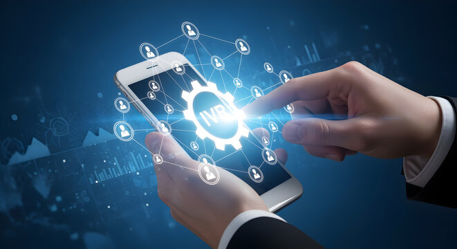 Smartphone Displaying Ivr Text and Gear Icon in Hand on Blue Background with Interconnected White Dots
