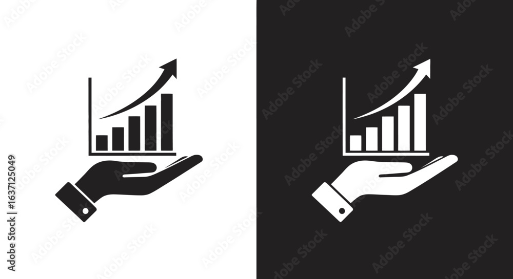 Poster a stylized hand cradles an ascending bar graph with an upward arrow, abstractly representing busines
