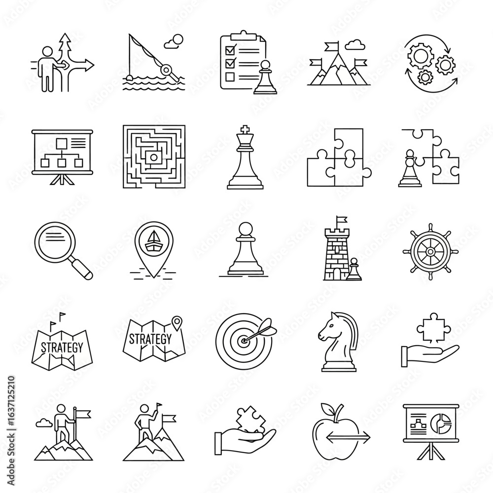 Poster a comprehensive collection of linear icons illustrating strategic business planning, goal setting, p