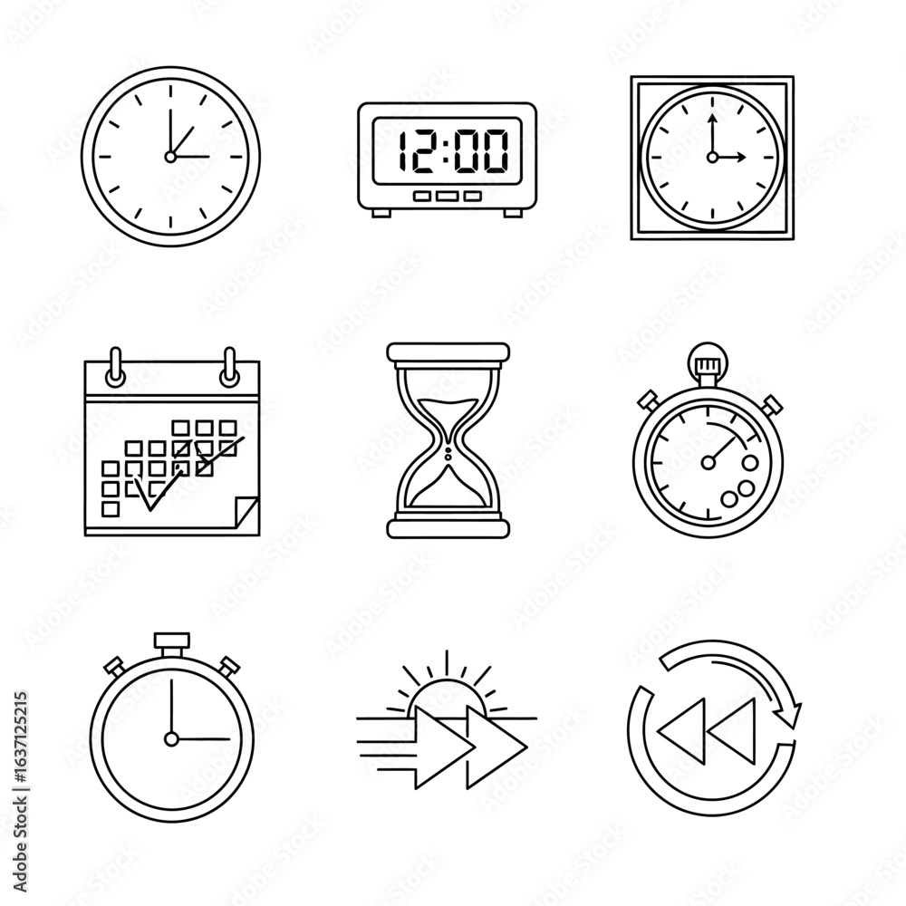 Poster a comprehensive collection of minimalist line art icons illustrating various timekeeping devices, sc