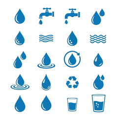 A versatile collection of blue water-themed vector icons, illustrating drops, faucets, waves, and recycling symbols for purity, conservation, and liquid.