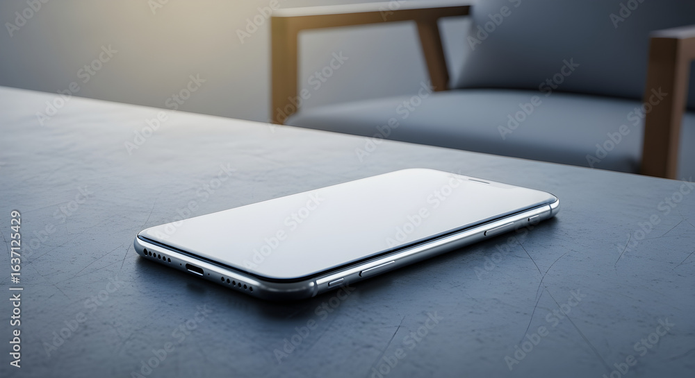 Poster smartphone lies on a dark table with a gray chair and cushion in the background reflecting light in 