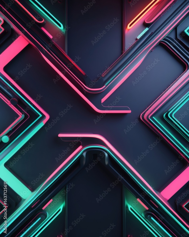 Poster an abstract and futuristic design with a glowing neon pattern. the graphic has a strong geometric sh