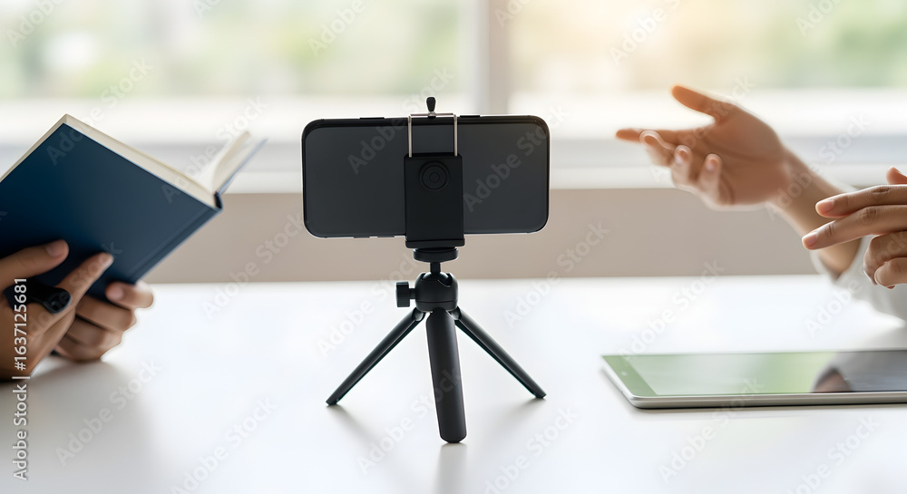 Poster smartphone on a tripod with people on each side holding book and gesturing on bright table in a blur