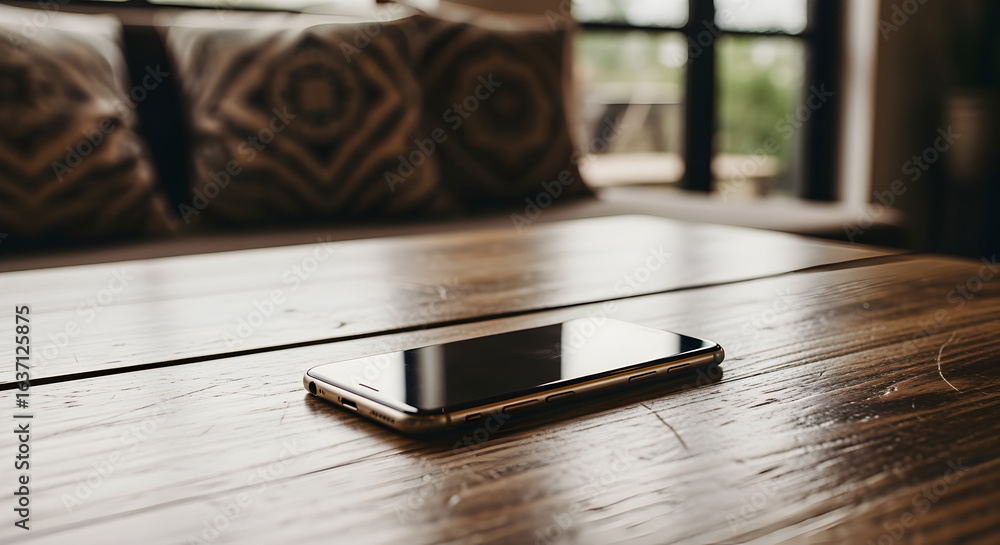 Poster smartphone resting on distressed wooden table with pillows in soft focus background