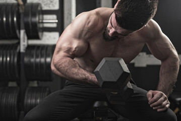 A fit man is engaged in lifting a dumbbell with intensity in a gym. His focus and muscular...