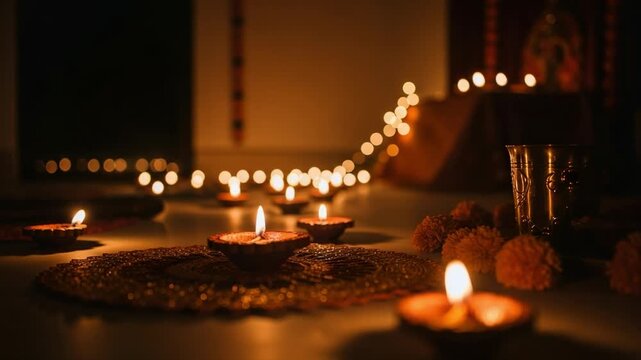 Lit Clay Diyas on the Floor for Diwali Celebration. Traditional Hindu Festival of Lights with Warm Bokeh Background. Spiritual and Festive Atmosphere.