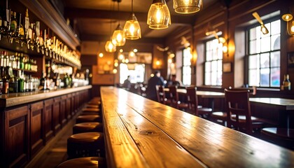 Interior of a rustic pub with long bar and tables