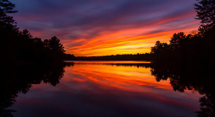Obraz premium Vivid sunset reflected in calm lake water, framed by silhouetted trees, creating a serene and colorful landscape.