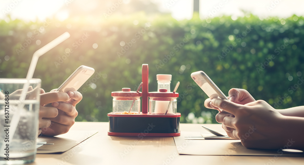 Aufkleber smartphones in use on table with red condiment set and sunlight streaming through greenery