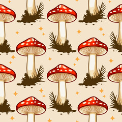 Seamless pattern with red fly agaric mushrooms and grass on a pastel peach beige background. Cute autumn forest design for fabric, wrapping paper, and scrapbooking.